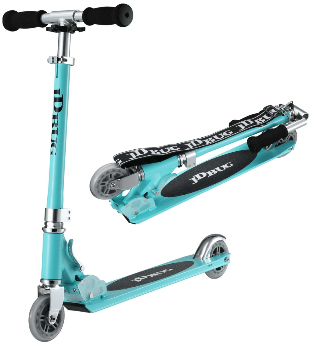 The JD Bug Original Street MS130B Kick Scooter in Matt Teal features black grips, silver accents, and a sleek black footboard. It displays folding versatility with small silver wheels and includes a handy carrying strap for easy transport.