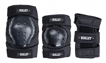 Introducing the Bullet Adult Triple Skate Protection Pad Set in Black, designed specifically for adults. This set includes knee pads and a wrist guard, each constructed from abrasion-resistant Cordura fabric and cushioned with EVA foam padding for enhanced comfort and durability.