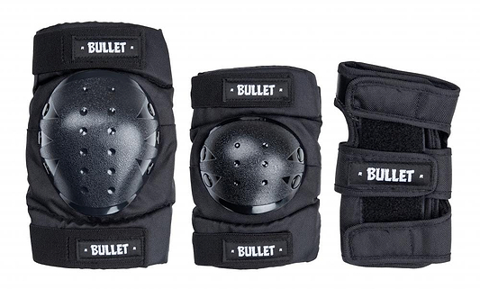 Introducing the Bullet Adult Triple Skate Protection Pad Set in Black, designed specifically for adults. This set includes knee pads and a wrist guard, each constructed from abrasion-resistant Cordura fabric and cushioned with EVA foam padding for enhanced comfort and durability.