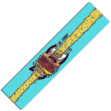 An illustration of a penguin trying to eat an oversized burger skewered on a giant french fry adorns the blue background, with the word "CHUBBY" written next to the penguin, echoing the Chubby Stunt Scooter Griptape - Burger Boy design frequently spotted at skateparks.