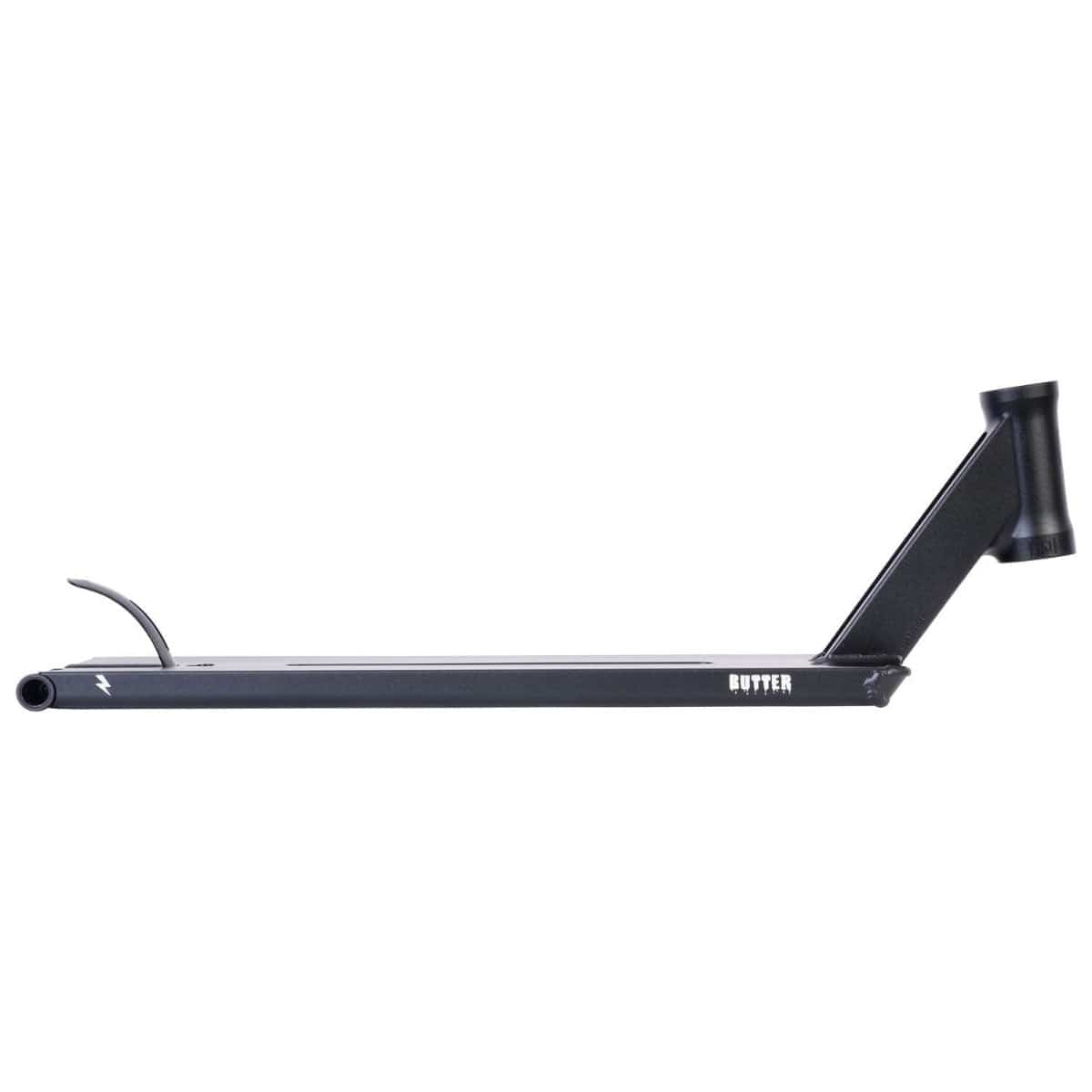 The UrbanArtt Butter Black Stunt Scooter Deck, measuring 5.5" x 22", features a right-angled neck and an integrated head tube, prominently displaying "BUTTER" in white on the side. Its design supports Cro-Mo durability with a smooth finish, and it is equipped with a reliable brake flap on the rear for quick stopping power.