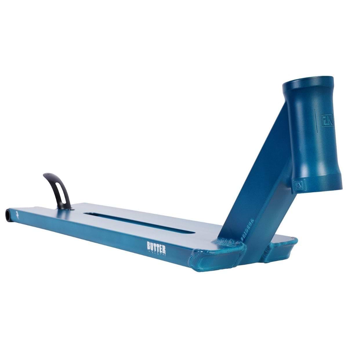 The UrbanArtt Butter Arctic Blue Stunt Scooter Deck, measuring 5.5" x 23", boasts a sleek and angular design perfect for street riders. Engineered with durable Cro-Mo construction, it features a handle mount and proudly displays the "Butter" label on its side. The deck is designed with a central cutout and completes its look with a small black wheel at the end.