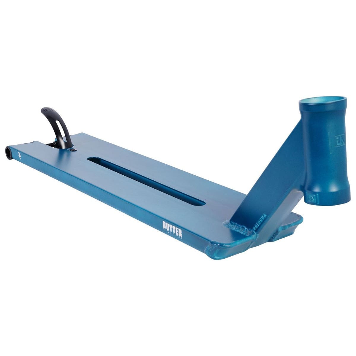The UrbanArtt Butter Arctic Blue Stunt Scooter Deck (5.5" x 23") is presented against a white backdrop, highlighting its squared edge and integrated headset tube that cater to street riders. Its cutout design featuring "Butter" printed on the side exemplifies the refined strength of Cro-Mo material.
