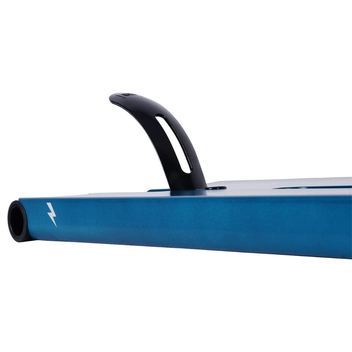 The UrbanArtt Butter Arctic Blue Stunt Scooter Deck, measuring 5.5" x 23", features a striking blue design reminiscent of a butter scooter deck. It includes a black handle and is adorned with a small white lightning bolt symbol, making it perfect for street riders. The deck is angled upward to highlight the edge and part of the grip tape, ensuring a streamlined riding experience.