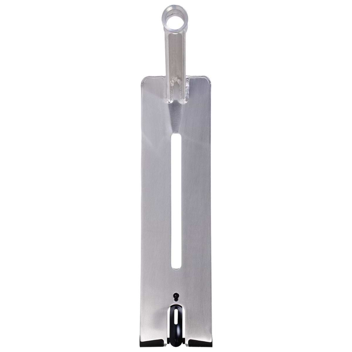 This tool, akin to the UrbanArtt Butter Raw Brushed Silver Stunt Scooter Deck, showcases a flat, rectangular structure with a handle that includes a circular hole at its end. It has a long vertical slit down the middle, making it ideal for street riders or specialized mechanical applications.