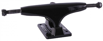 The Bullet Black Skateboard Trucks (Pair) - 140mm are showcased against a white backdrop, with "Bullet" prominently printed on the baseplate and equipped with an aluminum hanger for added durability.