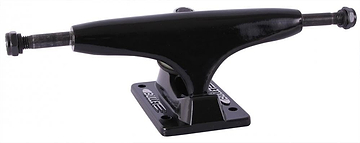 A pair of Bullet Black Skateboard Trucks showcases a sleek and modern design with cast aluminum hangers and visible bushings, complete with an integrated bottom bushing cup. The baseplate prominently features the "Bullet" brand name as the truck lies horizontally against a white background.