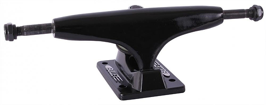 A pair of Bullet Black Skateboard Trucks showcases a sleek and modern design with cast aluminum hangers and visible bushings, complete with an integrated bottom bushing cup. The baseplate prominently features the "Bullet" brand name as the truck lies horizontally against a white background.