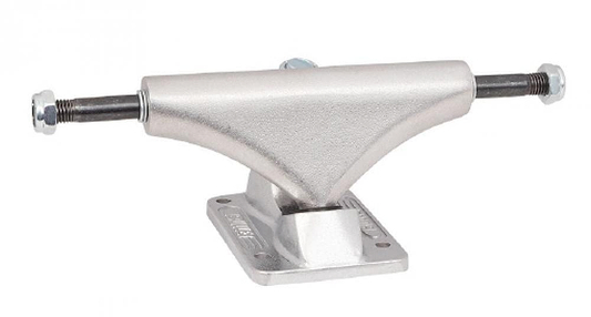 The Bullet Silver Skateboard Trucks (Pair) - 130mm, by Bullet, showcase a sleek design with a durable baseplate and two axle ends for wheel attachment, displayed on a plain white background.