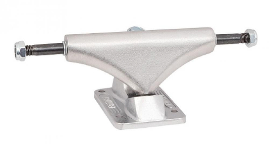 Close-up of a Bullet Silver Skateboard Truck with a 140mm flat base and axle, highlighting its sleek, low-profile design. The truck is mounted on a platform with visible bolts against a plain white background. This model from Bullet ensures precision and style for every ride.