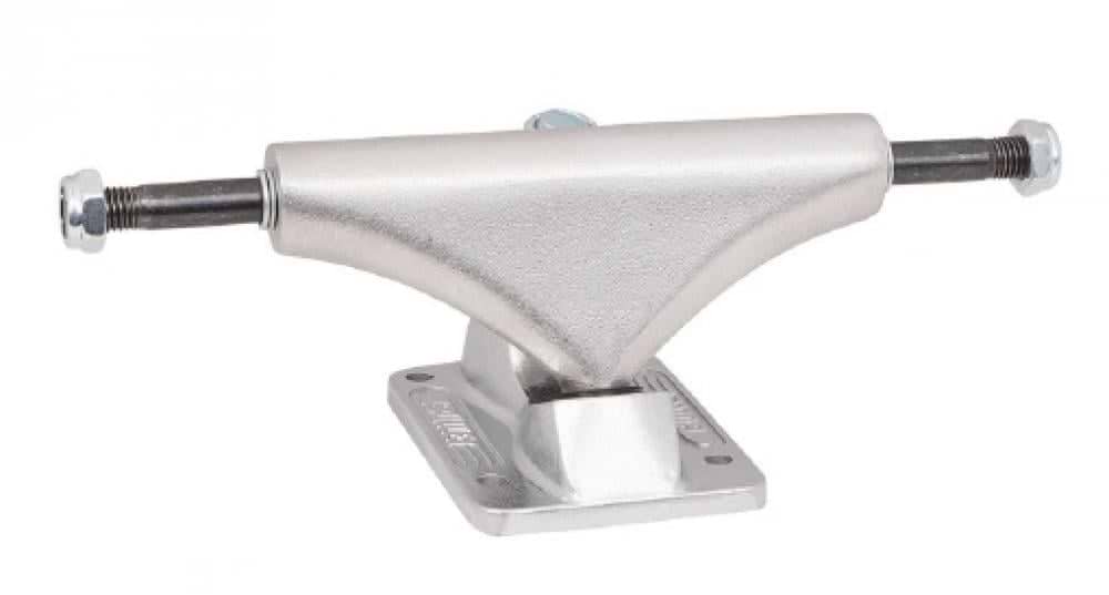 The Bullet Silver Skateboard Trucks, sold as a pair and measuring 150mm, feature black axles and mounting holes. The durable baseplate is engraved with text and designed to fit seamlessly onto a skateboard deck. Ideal for individuals looking for low-profile skateboard trucks that combine performance with style.