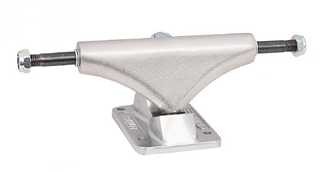 The Bullet Silver Skateboard Trucks, sold as a pair and measuring 150mm, feature black axles and mounting holes. The durable baseplate is engraved with text and designed to fit seamlessly onto a skateboard deck. Ideal for individuals looking for low-profile skateboard trucks that combine performance with style.