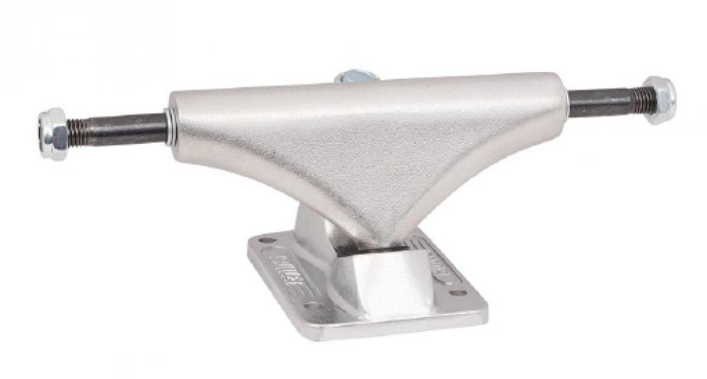 The Bullet Silver Skateboard Trucks (Pair) - 145mm, designed by Bullet, are elegantly showcased in a horizontal position. They feature a cast aluminum hanger and axles along with high rebound bushings, ensuring a smoother ride and enhanced control while emphasizing their sophisticated design.