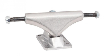 The Bullet Silver Skateboard Trucks (Pair) - 145mm, designed by Bullet, are elegantly showcased in a horizontal position. They feature a cast aluminum hanger and axles along with high rebound bushings, ensuring a smoother ride and enhanced control while emphasizing their sophisticated design.