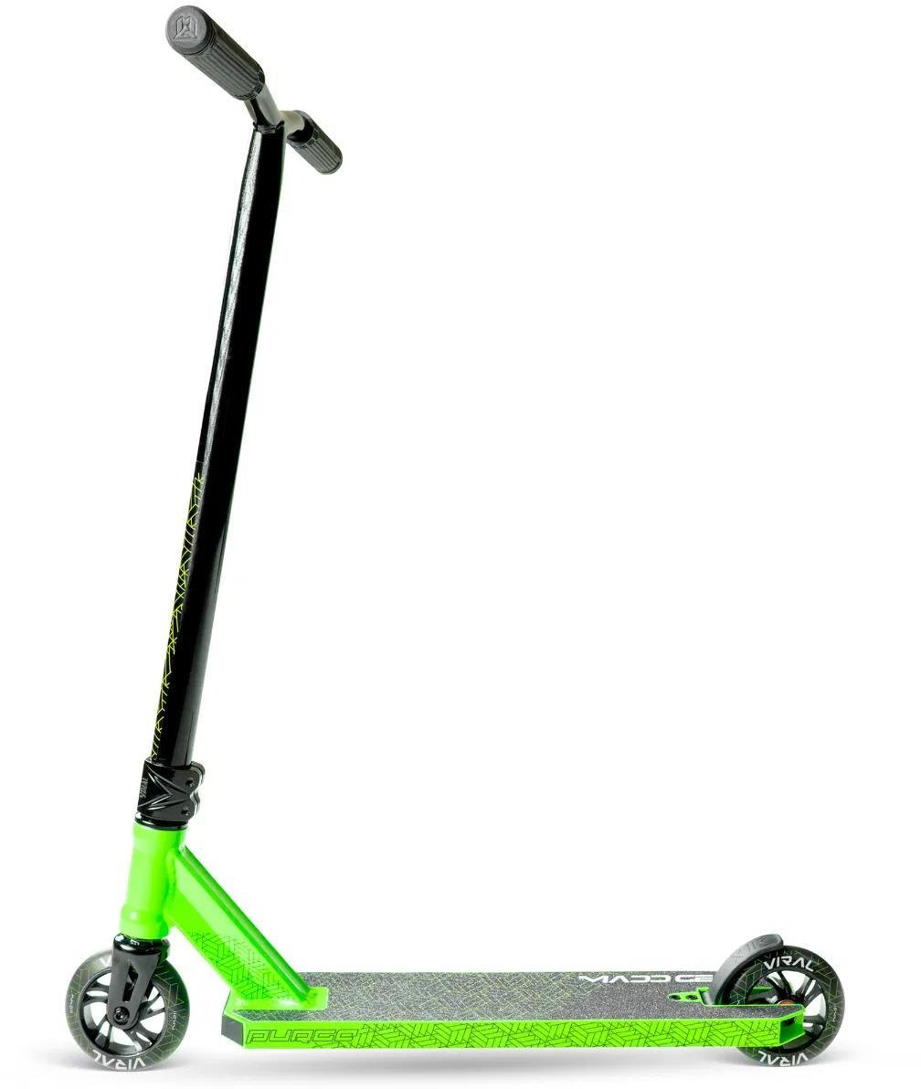 The Madd Gear (MGP) Viral Purge Complete Stunt Scooter in Jade features small wheels, a long black handlebar, and a textured footboard. This sleek kids scooter is shown against a plain white background.