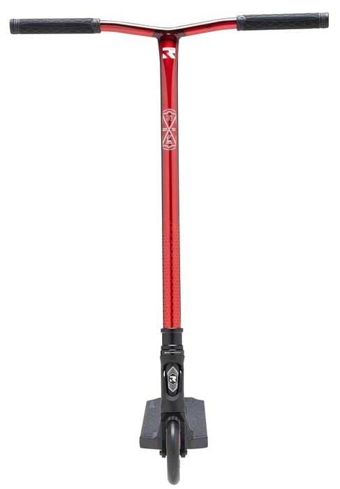 The Root Industries Invictus V3 Complete Stunt Scooter in Burnt Red features black Chromolite bars and a single black front wheel, shown from the front on a white background. The sleek design displays the Root Industries logo on the vertical bar.