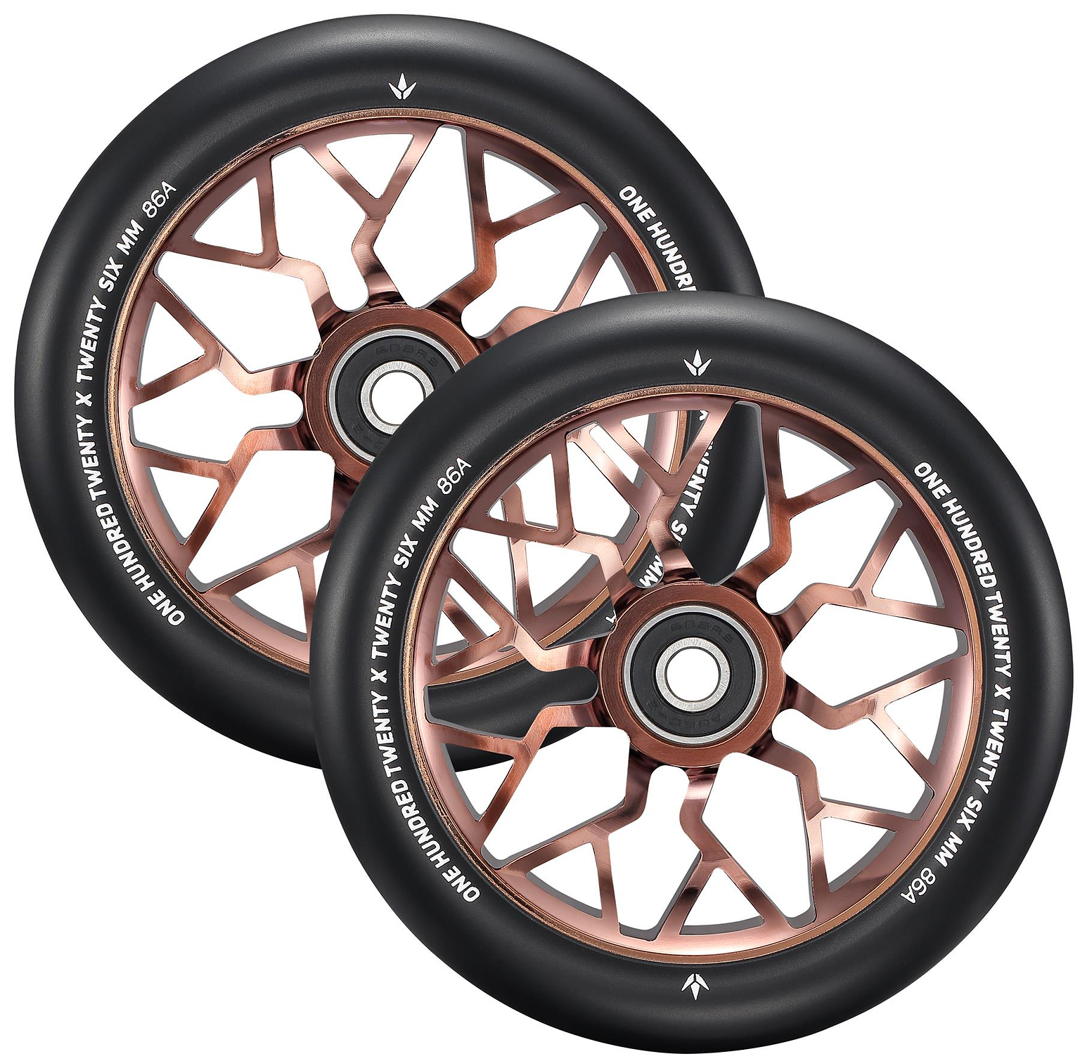 Two Blunt Envy Sector 120mm Stunt Scooter Wheels in copper feature a black geometric spoke design and white "ONE HUNDRED TWENTY X TWENTY-FOUR MM 86A" text along the rim's outer edge.