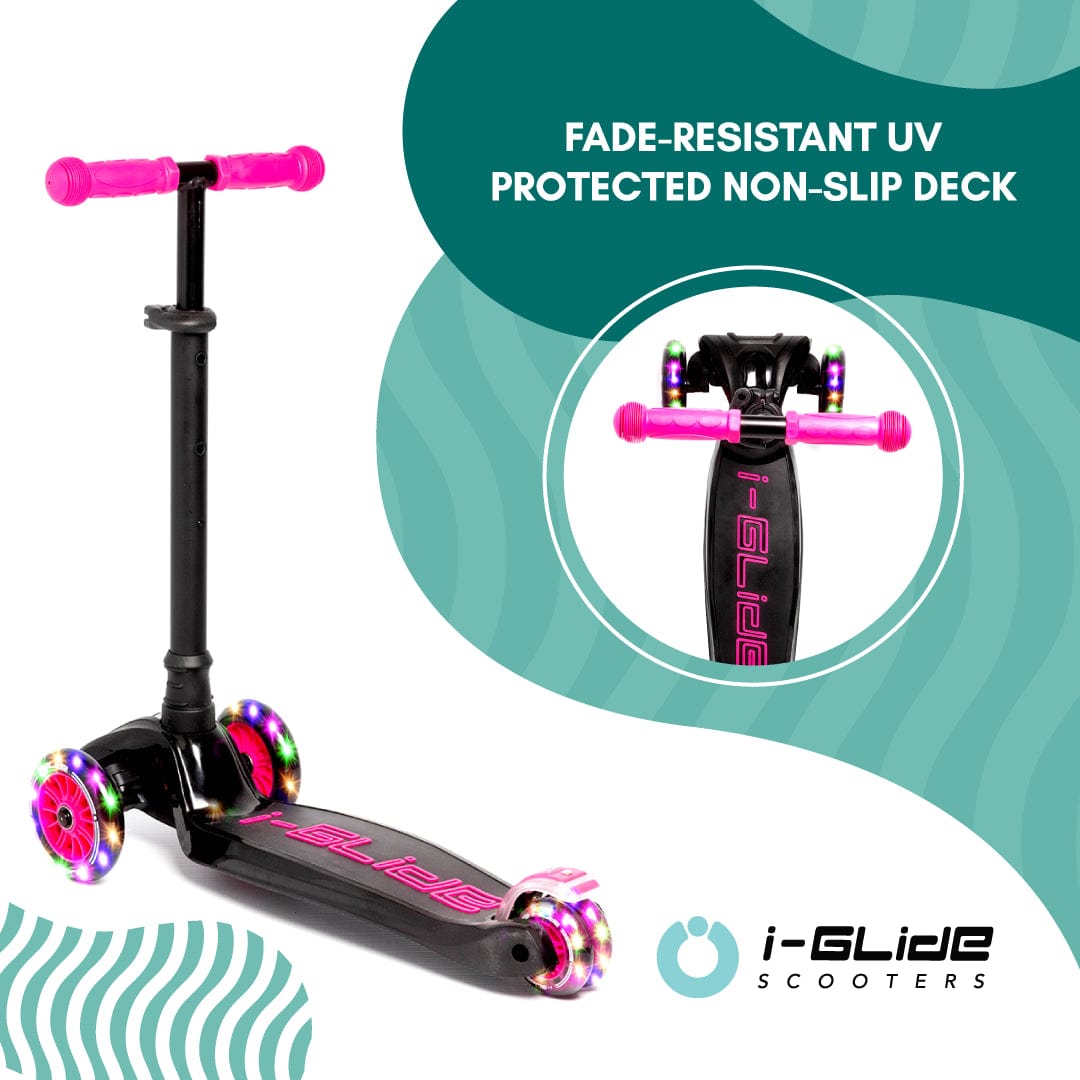 The i-Glide 3-Wheel LED Kids Scooter in black and pink is featured, showcasing its fade-resistant UV protected non-slip deck and adjustable handlebar. The I-Glide logo is displayed in the bottom right corner of the image, with LED light-up wheels adding to its appeal.