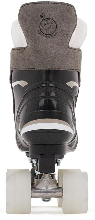 Rear view of the Rio Roller Flow Hockey Quad Roller Skates in black shows white wheels and a globe-like logo on the heel suggesting sustainability, with grey padded lining and a white heel accent.