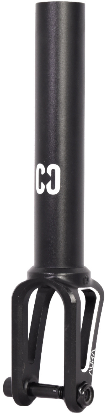 Upgrade your scooter with the CORE Aura SCS/HIC Stunt Scooter Forks in Black by CORE, made from durable 7075 Aluminium and featuring white “CG” and “AURA” print—ideal for performance and style.
