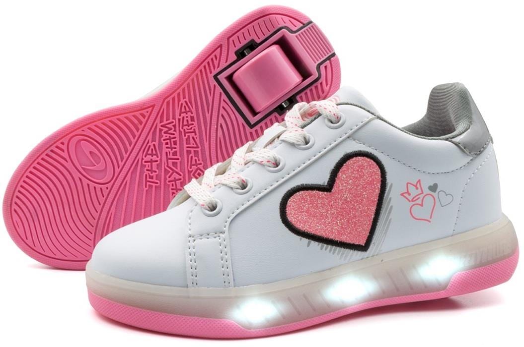 Breezy Rollers Blast Shoes - Pink by Breezy Rollers are white children’s sneakers with pink light-up soles, glittery pink heart designs, extra small heart graphics, white laces, and a patented heel wheel system.