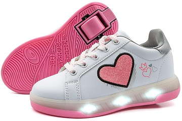 Breezy Rollers Blast Shoes - Pink by Breezy Rollers are white children’s sneakers with pink light-up soles, glittery pink heart designs, extra small heart graphics, white laces, and a patented heel wheel system.