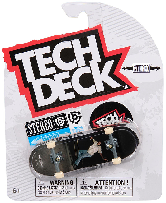 The Tech Deck 96mm M57 Fingerboard - Stereo set features a mini replica skateboard with a rider graphic, Stereo stickers, and is suitable for ages 6+.