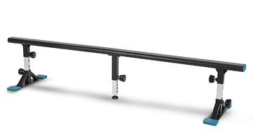 The Invert Supreme Portable Grind Rail - Black by Invert is an adjustable, durable, and weatherproof rail with blue end caps and sturdy metal legs, ideal for scooter or skate sessions. Shown on a white background.