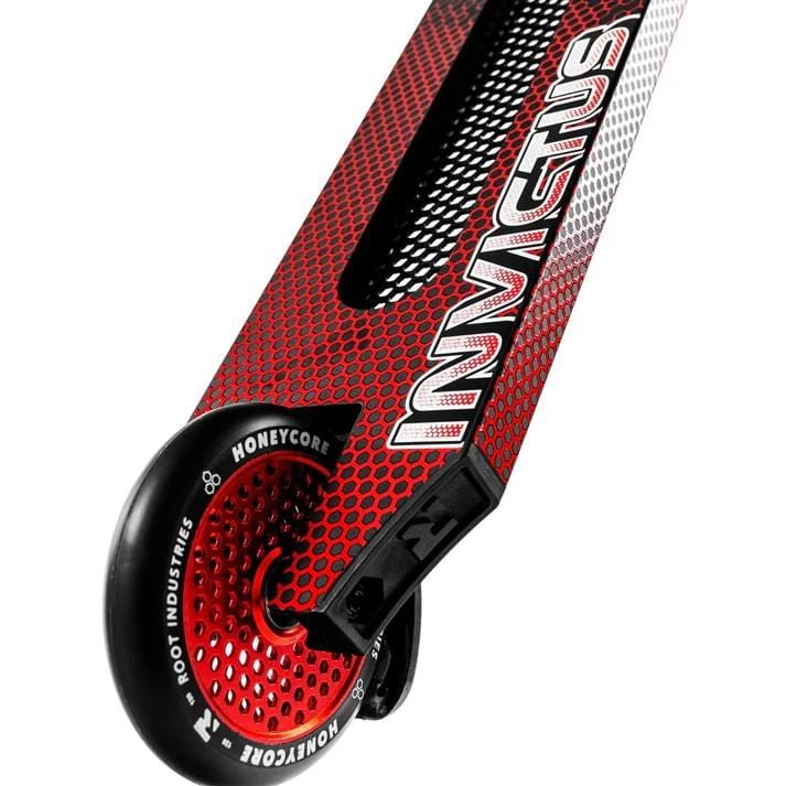 Close-up of the Root Industries Invictus V3 Complete Stunt Scooter in Burnt Red, featuring Honeycore 120mm wheels with a honeycomb pattern and bold Root Industries branding on both the deck and wheels.
