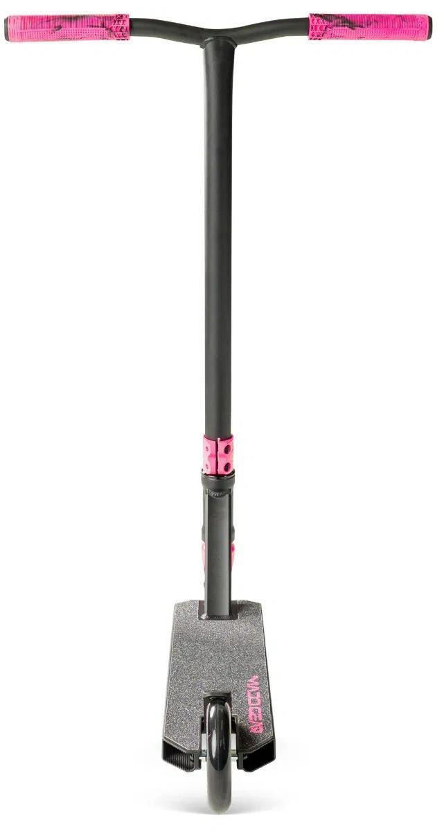 The Madd Gear Viral Rave Complete Stunt Scooter - Melon features a black frame, bright pink handlebar grips and clamp, textured deck, and a pink Madd Gear logo—ideal for mastering and showing off your Viral Rave tricks.