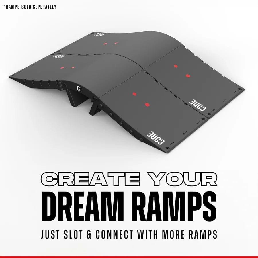 This portable CORE Foldable Mini Kicker Ramp boasts a sleek black design with stylish red dots and the brand name "CORE" emblazoned on its surface. The text encourages you to "Create Your Dream Ramps. Just slot & connect with more ramps." Ideal for any setup, please note that ramps are sold separately.