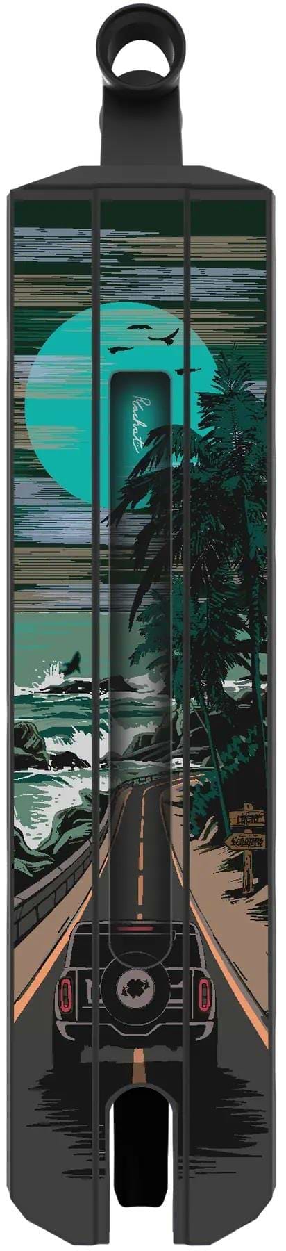 The Lucky Revin Cachat V1 Signature Stunt Scooter Deck (5" x 19.5") features a stylized SUV on a coastal road with palm trees, teal waves, and a bold sun or moon in dark green and teal tones.