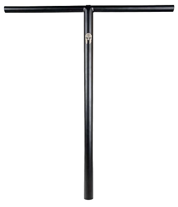 The Supremacy Trojan Steel Oversized SCS Stunt Scooter T-Bars, measuring 710mm x 610mm, are designed with a black metal T-shape featuring a vertical bar and horizontal grip. These handlebars are crafted from high tensile Chromoly steel for superior control and durability and are perfectly suited for the Supremacy brand of scooters. They stand out prominently against a white background.