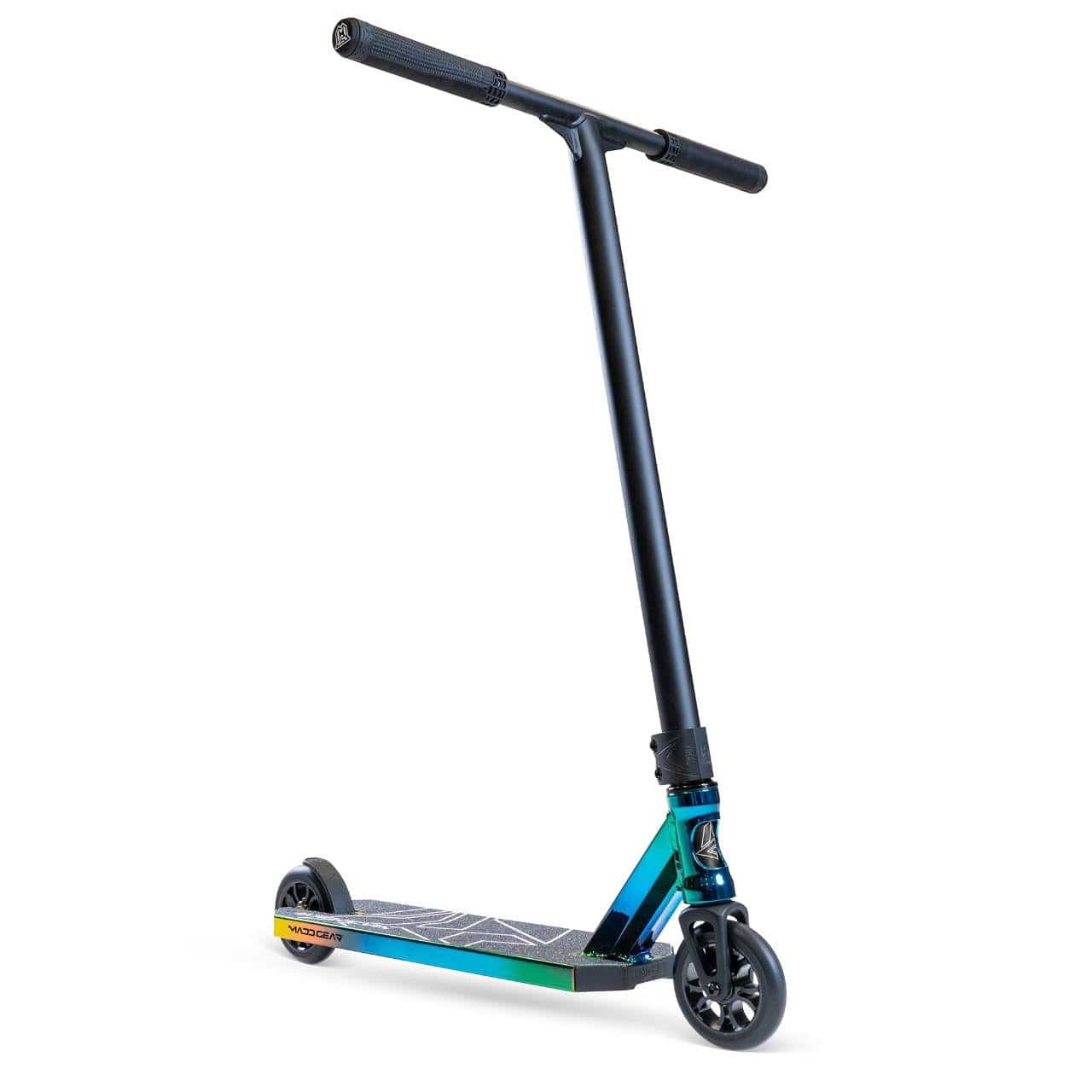 The Madd Gear MG 6 Kinetic Complete Stunt Scooter by MGP features a black handlebar, small black wheels, high-speed bearings, and a metallic blue-green neochrome aluminum deck with geometric patterns and a yellow accent near the rear wheel.