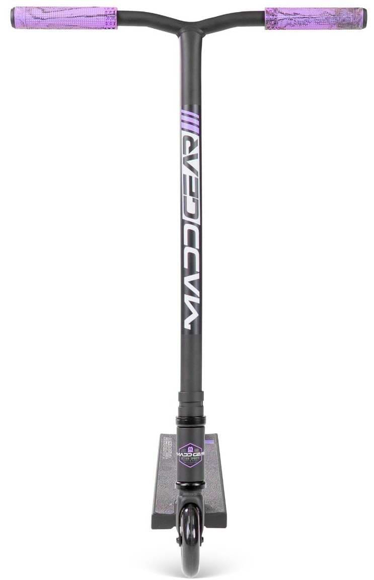 The Madd Gear (MGP) MG 3 Zen Complete Stunt Scooter in Black/Lavender is shown from the front with lavender handlebar grips and branding—ideal for aspiring stunt scooter riders.