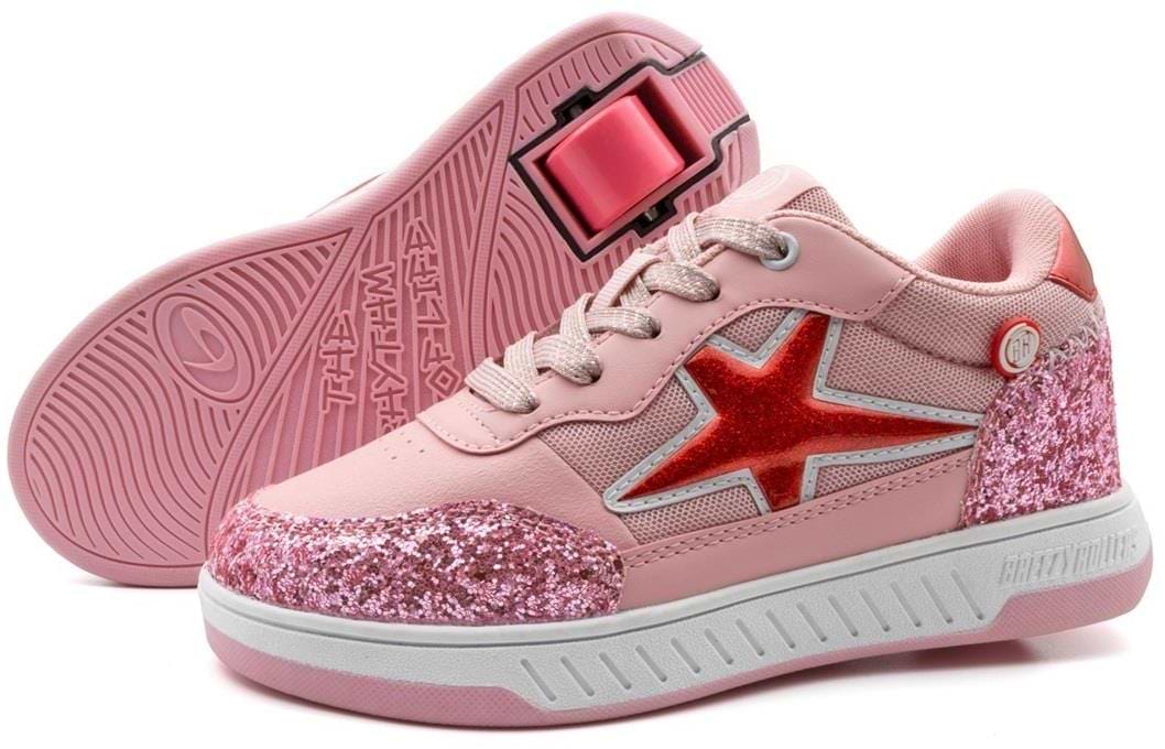 The Breezy Rollers Star Shoes - Pink by Breezy Rollers feature glittery pink toes and heels, a red star detail, and a patented wheel system in the soles that lets them transform into stylish wheeled shoes.