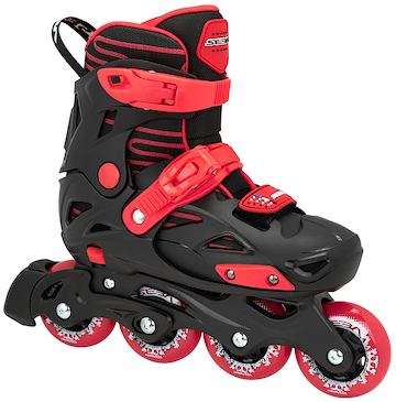 The Seba STJ Junior Adjustable Inline Skates in black/red by Seba feature four red wheels, sturdy plastic support, and secure ankle and foot straps—perfect beginner rollerblades for children.