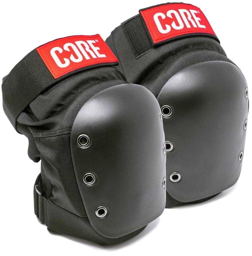 The CORE Combo Street Knee & Elbow Skate Protection Pad Set in black includes protective pads with hardshell construction, hard plastic caps, metal rivets, and adjustable straps featuring red and white "CORE" labels.
