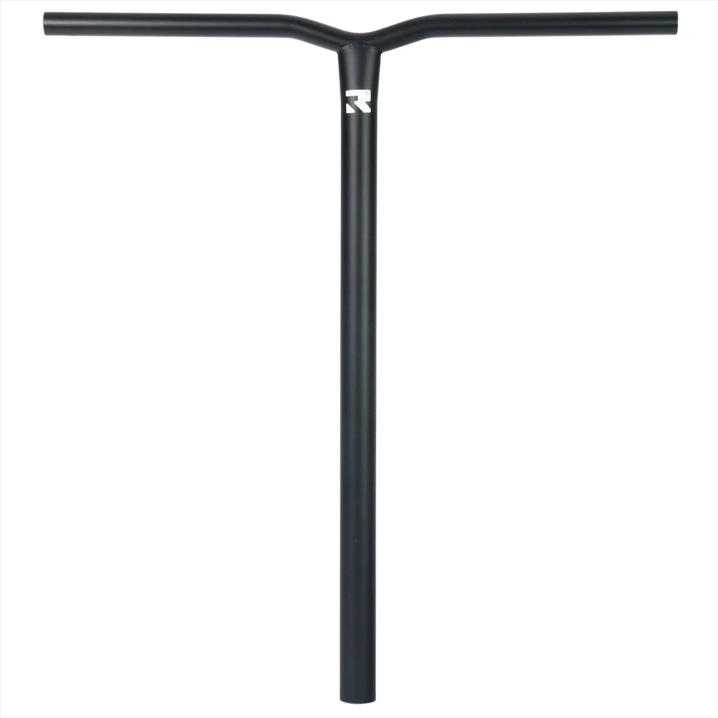 Introducing the Root Industries AIR Titanium Oversized HIC Stunt Scooter Bars in Black, measuring 660mm by 600mm. These handlebars feature a subtle logo near the top and showcase a sleek, minimalist T-shaped design. Crafted from titanium for lightweight durability, they are perfect for enthusiasts of stunt scooter bars.