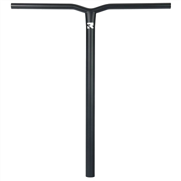 Introducing the Root Industries AIR Titanium Oversized HIC Stunt Scooter Bars in Black, measuring 660mm by 600mm. These handlebars feature a subtle logo near the top and showcase a sleek, minimalist T-shaped design. Crafted from titanium for lightweight durability, they are perfect for enthusiasts of stunt scooter bars.