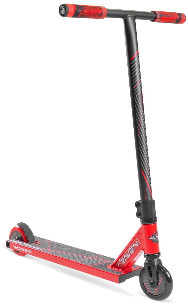 The Madd Gear MG 1 Raven Complete Stunt Scooter - Red/Black by MGP features a straight handlebar, grippy deck, small wheels, and bold graphics—ideal as a kids' scooter for stylish tricks.