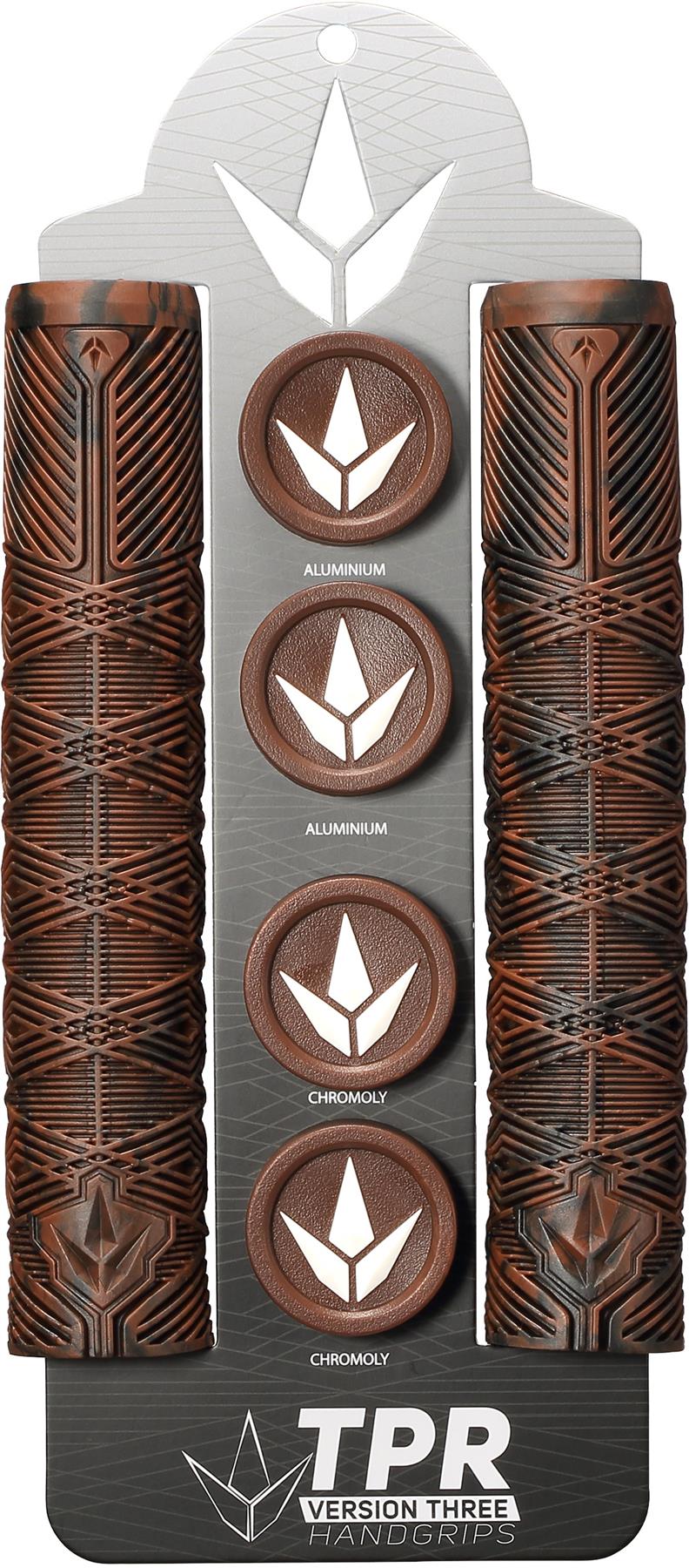 Blunt Envy V3 Chocolate / Black Stunt Scooter Grips (160mm) are shown on a silver display with four metallic "Aluminium" and "Chromoly" badges. Packaging states: TPR Version Three Handgrips.