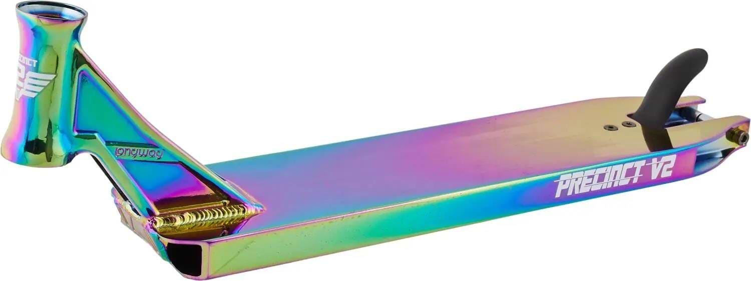 The Longway Precinct V2 Neochrome Stunt Scooter Deck (4.9" x 22") features a rainbow metallic finish, smooth surface, and angular edges—perfect for park riders who want both performance and standout style.