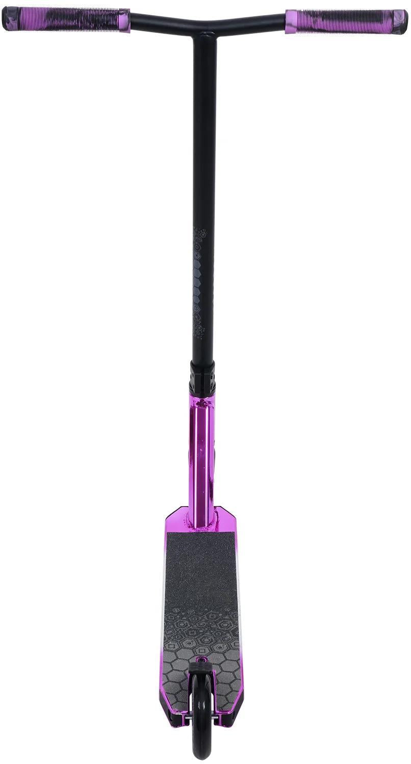 The Sullivan Antic Complete Stunt Scooter in pink, black, and silver is shown from the front, highlighting its handlebars, single 110mm front wheel, and textured foot deck.