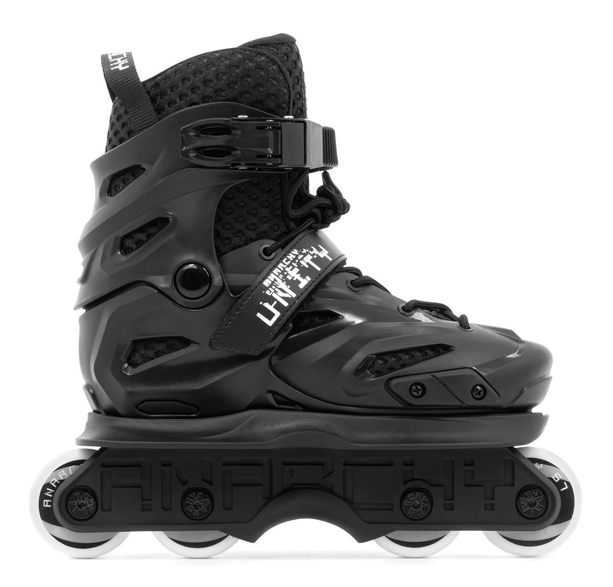 The Anarchy Unity Adjustable Aggressive Inline Skates in black feature a hard shell, padded ankle support, buckle and strap fastenings, and four high rebound PU wheels on a black frame.