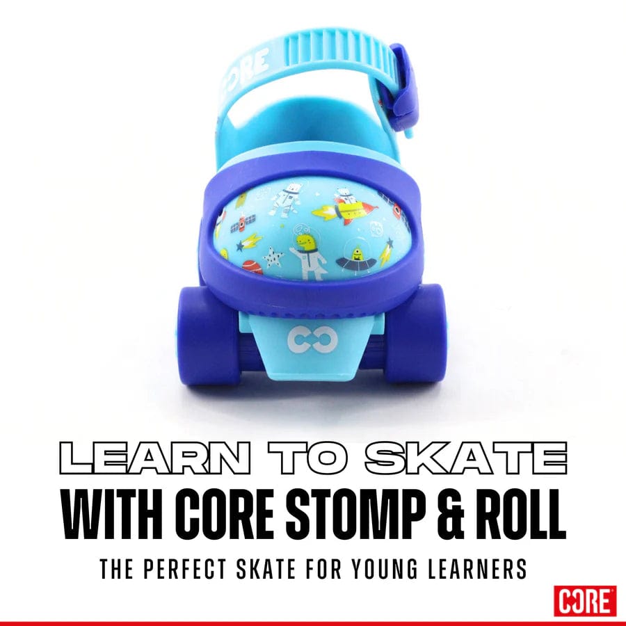 A blue roller skate designed for children, with playful patterns on the toe area. The text reads: "Learn to skate with CORE Kids Stomp & Roll - the perfect adjustable learner skate from CORE for young enthusiasts with growing feet.