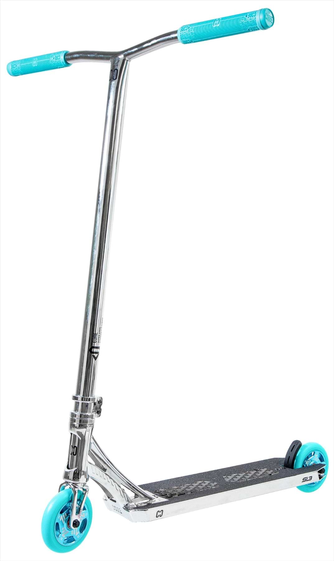 The CORE SL3 Complete Stunt Scooter by CORE features teal handle grips and wheels, a black grip tape deck, and a chrome finish. Shown angled on a white background, it’s ready for skatepark action.
