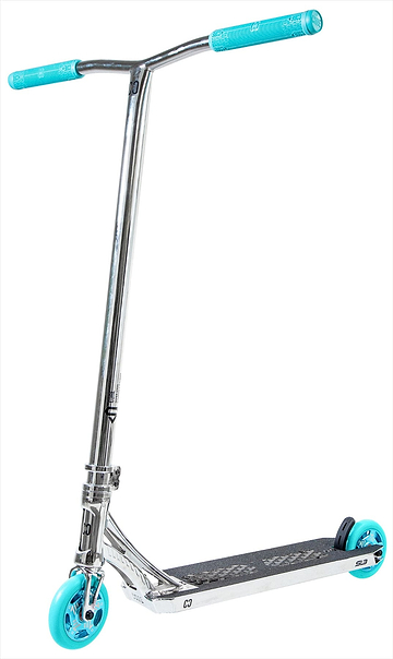The CORE SL3 Complete Stunt Scooter by CORE features teal handle grips and wheels, a black grip tape deck, and a chrome finish. Shown angled on a white background, it’s ready for skatepark action.