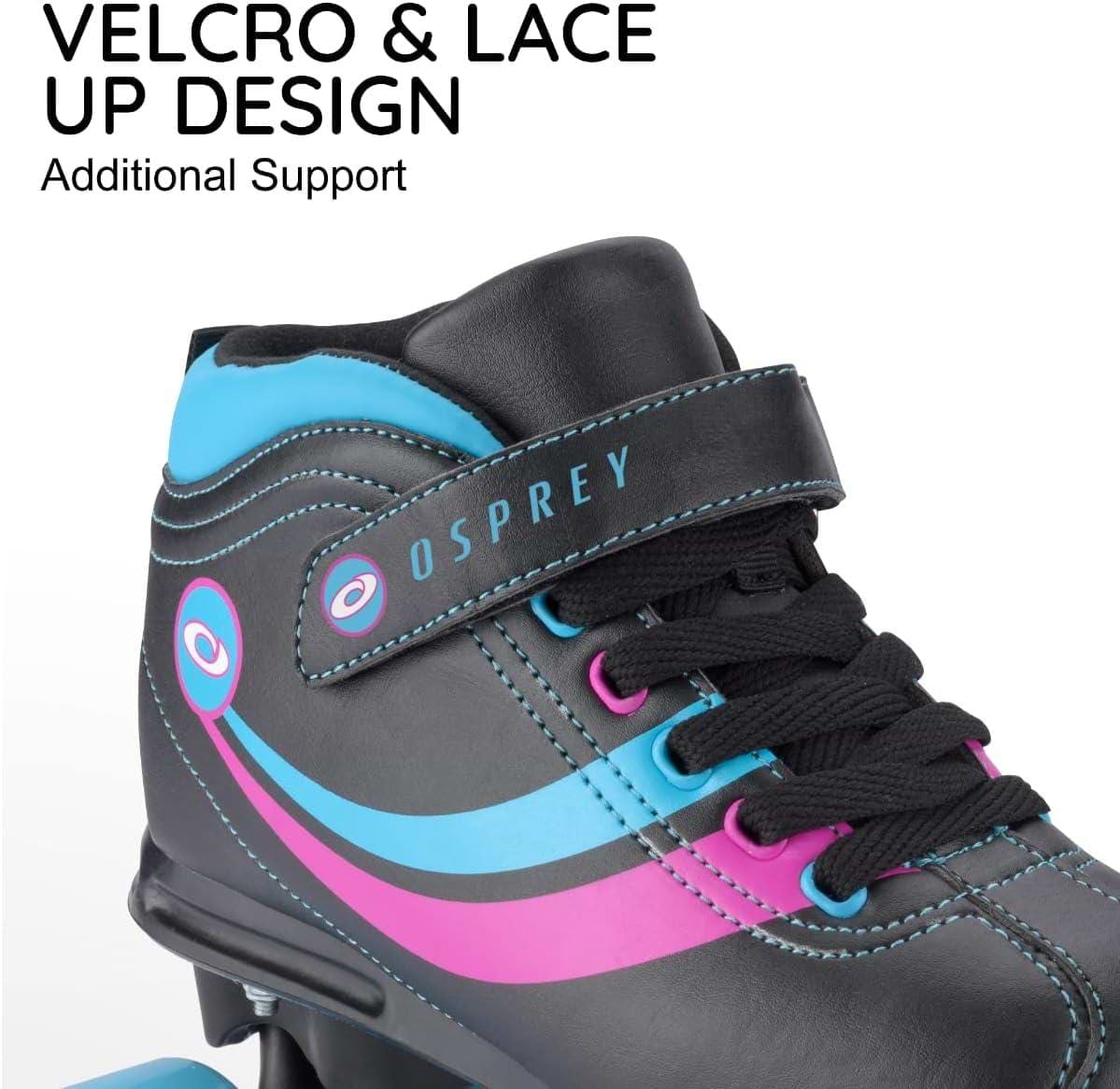 Close-up of the Osprey Disco Quad Roller Skates - Black by Osprey, featuring blue and pink accents, blue stitching, and "OSPREY" branding on the Velcro strap. Designed for indoor/outdoor use with a VELCRO & LACE UP DESIGN for extra support.