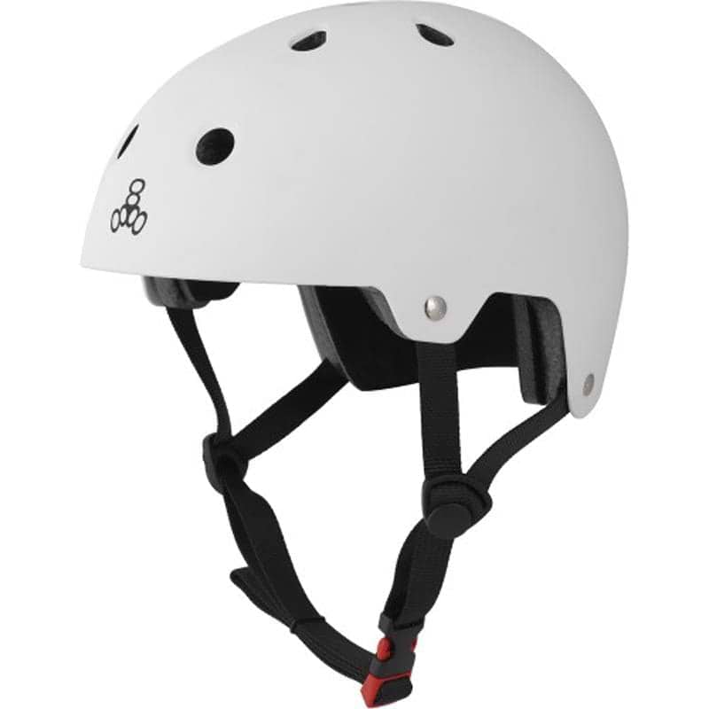 The Triple 8 Dual Certified Skate/Scooter Helmet in white has air vents, a black adjustable chin strap, and a simple side logo with three overlapping circles. It features Sweatsaver Fit Pads for enhanced comfort.